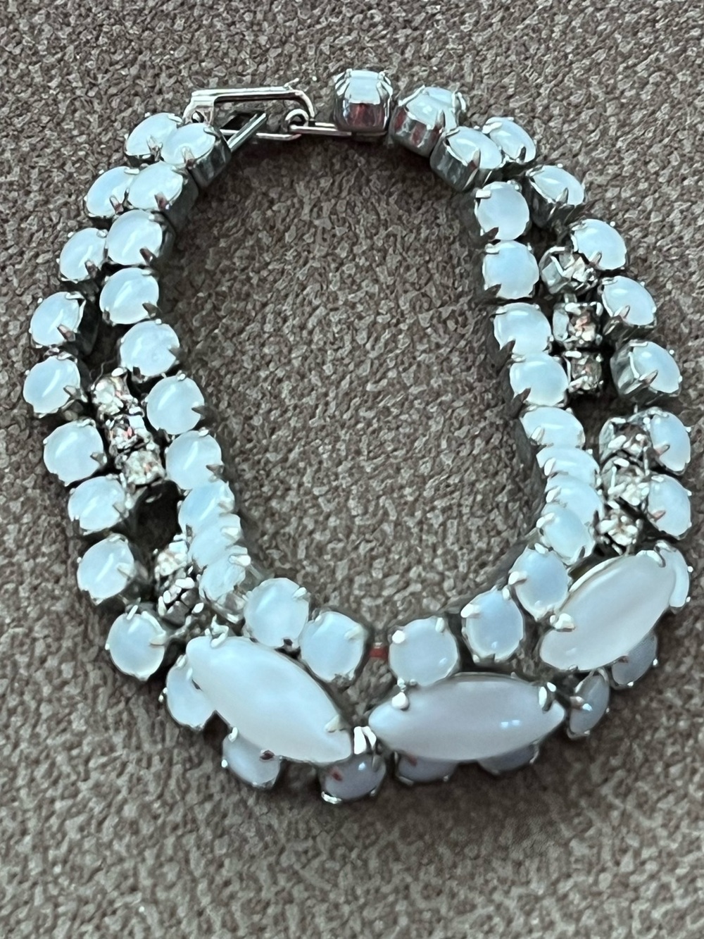 Vintage White Moonglow Milk Glass Rhinestone Statement Bracelet